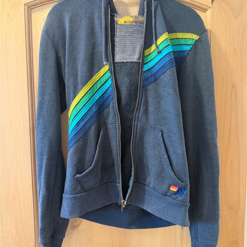 Aviator Nation Navy Zip Hoodie with Teal & Lime Stripes